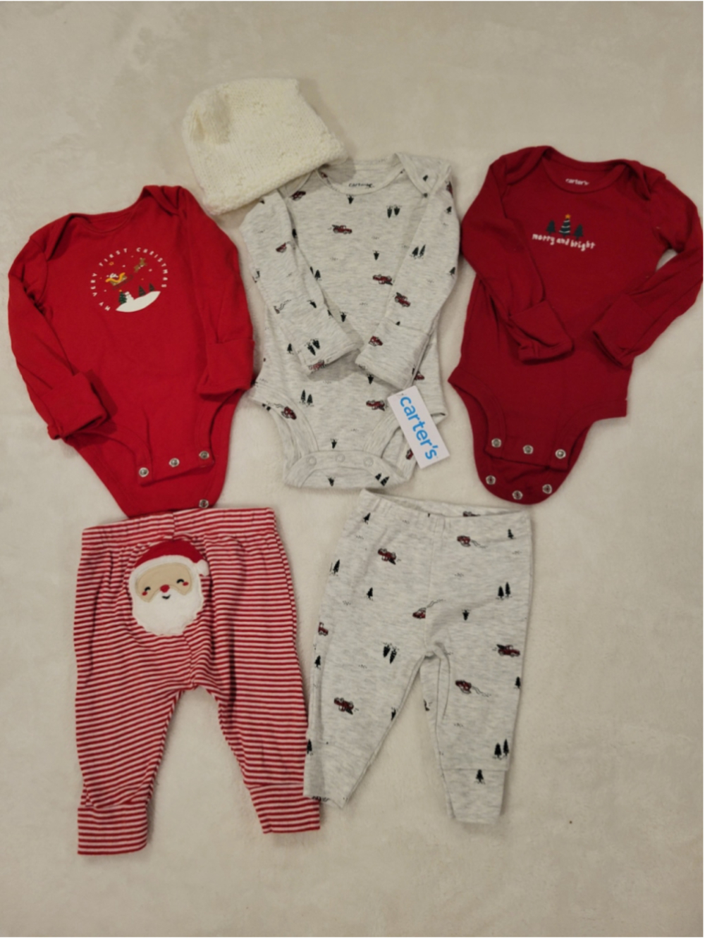 Carter's Baby Christmas Lot 3M Bodysuits Pants Knit Bonnet NWT 6 Pc Holiday